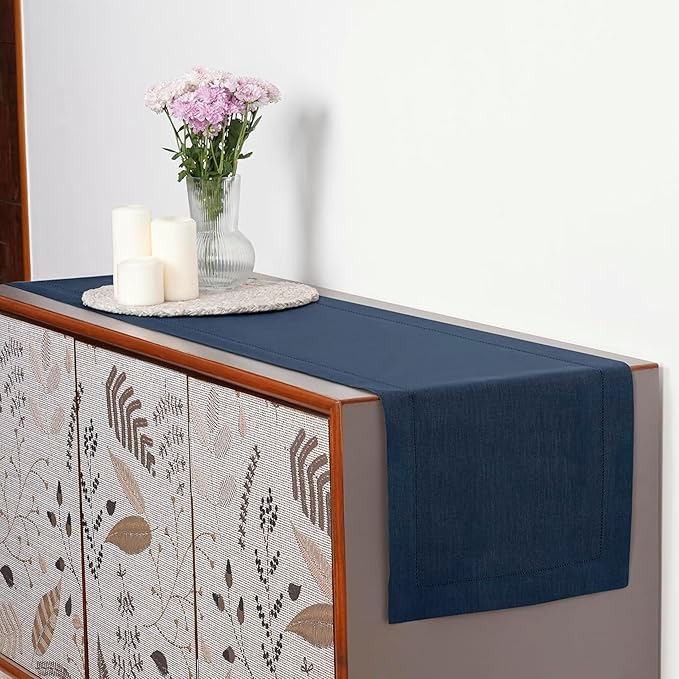 D'Moksha Homes Linen Navy Blue Table Runner 36 Inches - 100% Pure Linen Small Table Runner 14 x 36 Inch Ideal for Dresser, Coffee Tables, Fall, Autumn and Halloween - Classic Hemstitch