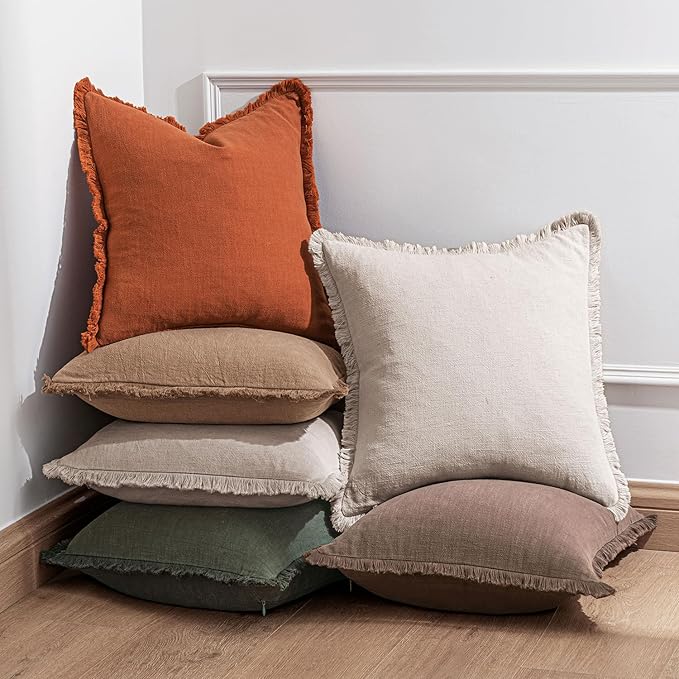 Woaboy Decorative Linen Fringe Throw Pillow Covers Boho Farmhouse Soft Cushion Covers Accent Pillowcases with Tassels for Living Room Couch Sofa Bed Chair,18x18 Inch Set of 2,Brown