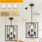 3-Light Chandelier for Entryway, Modern Farmhouse Chandelier for Foyer Bedroom Light Fixture, Rustic Hanging Lights for Dining Room Living Kitchen Island, Adjustable Black and Imitation Wood