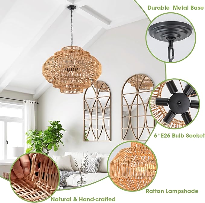 Large Rattan Chandelier Boho Pendant Light Fixture Dinning Room Chandelier Boho Hanging Light 31.5IN Basket Light Woven Rattan Pendant Light for Kitchen Island Hallway Bedroom Farmhouse Living Room