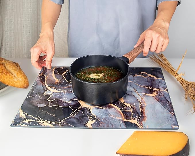 Glass Cutting Board 16"x12": Tempered Glass Kitchen Counter Protector - Durable- Scratch-Resistant, Heat-Proof - Design 8 - Grey & Gold