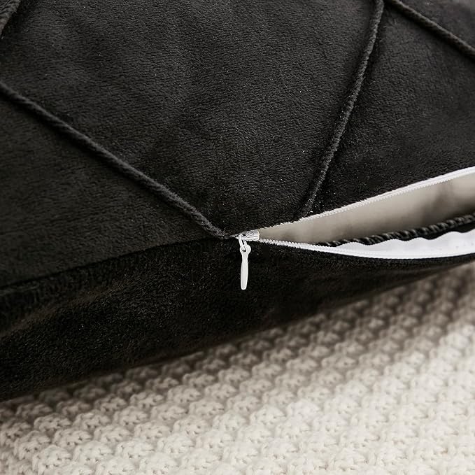 JAUXIO Diamond Pinch Pleated Crystal Velvet Pillowcases 2 Pack Solid Pintuck Throw Cushion Cover for Home Decor Hidden Zipper Closure (Black, Standard)