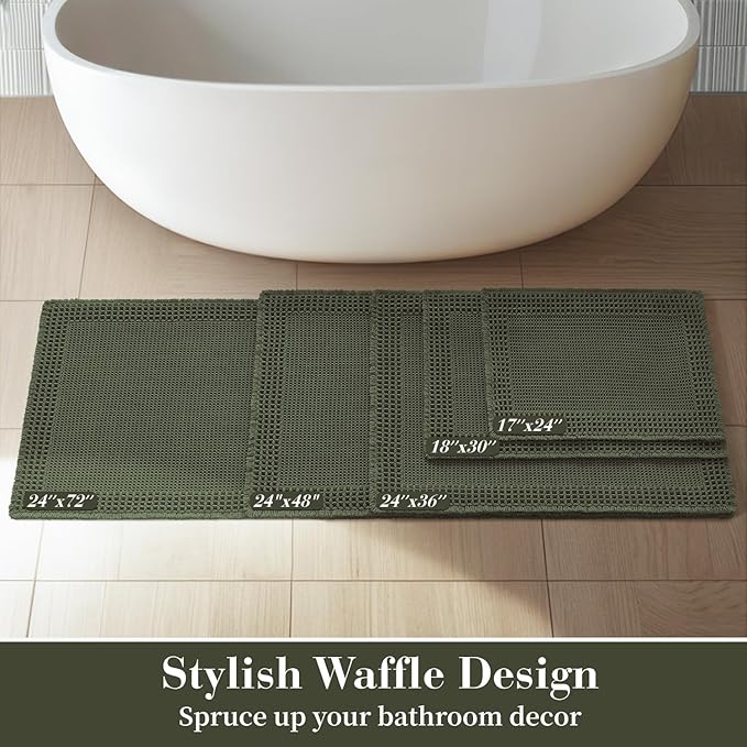 RESARE Waffle Bath Mat for Bathroom, Super Absorbent Bathroom Rugs Non Slip Machine Washable, Ultra Soft Quick Dry Boho Bath Rugs with Tassels for Floor, Upgraded Bordered Design, 24"x36" Green