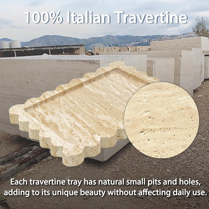 Genuine Travertine Scalloped Marble Tray, Real Natural Marble Stone Trays, Luxury Decorative Trays for Bathroom, Dresser, Vanity, Kitchen, Home Decor, 10.6" x 8", Travertine Beige