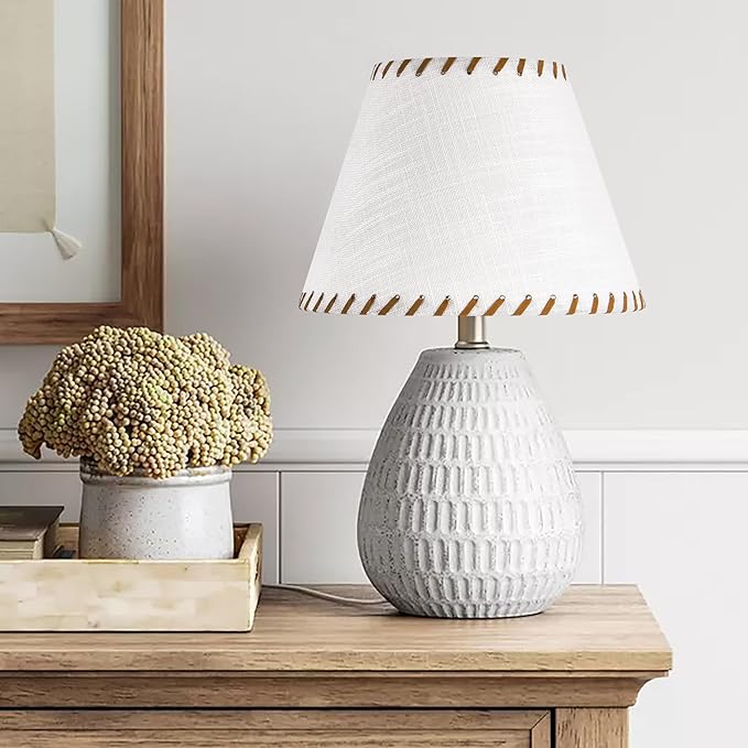 GO&SO 1 Pack White Linen Lampshades Natural Fabric Small Lamp Shades, 5"x9"x6.4" (Spider) with Stitched Brown Trim - Modern Rustic Bell Lamp Shades for Table Lamps, Wall Lamps, Bedroom, Living Room