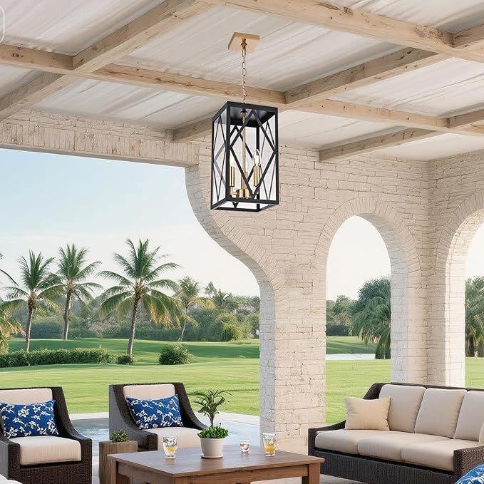 3-Light Outdoor Pendant Lights for Porch 15.7'' Outdoor Chandelier Black & Brushed Brass Exterior Hanging Porch Light Fixtures w/Clear Glass, Waterproof Outside Pendant Lantern for Front Door