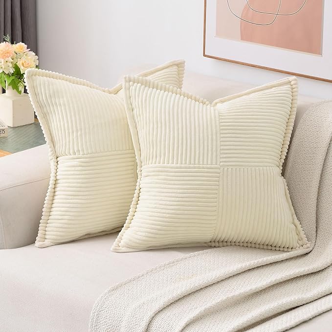 HAUSSY Beige Throw Pillow Covers 12x12 Inch Set of 2,Soft Solid Corduroy Striped/Wide Bordered,Square Decorative Cushion Case,Winter Home Decorations for Couch,Bed