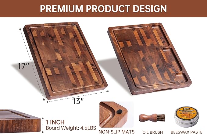 Walnut Wood Cutting Boards for Kitchen, Large Chopping Board Double Sided, End Grain Cutting Board with Handle, Charcuterie Butcher Block for Meal Prep & Serving with Gift Box, 17"×13"×1"