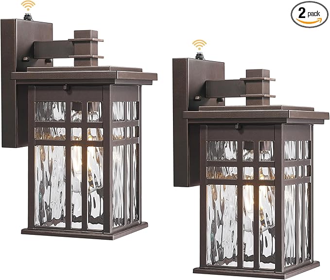 Outdoor Wall Sconce 2-Pack, HWH Dusk to Dawn Exterior Wall Light Fixtures, Farmhouse Outside Lights for House Oil-Rubbed-Bronze with Water Ripple Glass, 5HD27B-PC-2PK ORB-WP