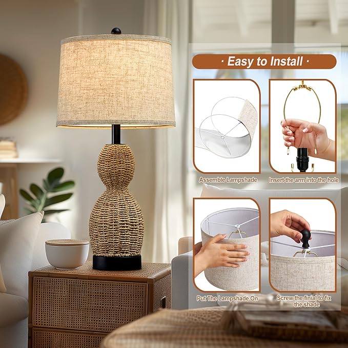 26.5" Rattan Table Lamp Boho Table Lamps Set of 2 for Living Room, Bedside Lamps for Nightstand, Rattan Lamp for Bedroom, Farmhouse Table Lamps for Boho Decor, End Table