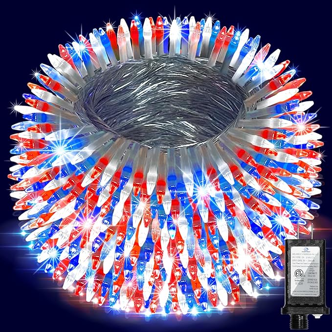 300LED Chrstmas Lights, 75ft Indoor Outdoor Christmas String Lights with 12 Modes, Red White and Blue Christmas Tree Lights with Timer Dimmable Connectable for Fence Garden Xmas Wedding Party Decor