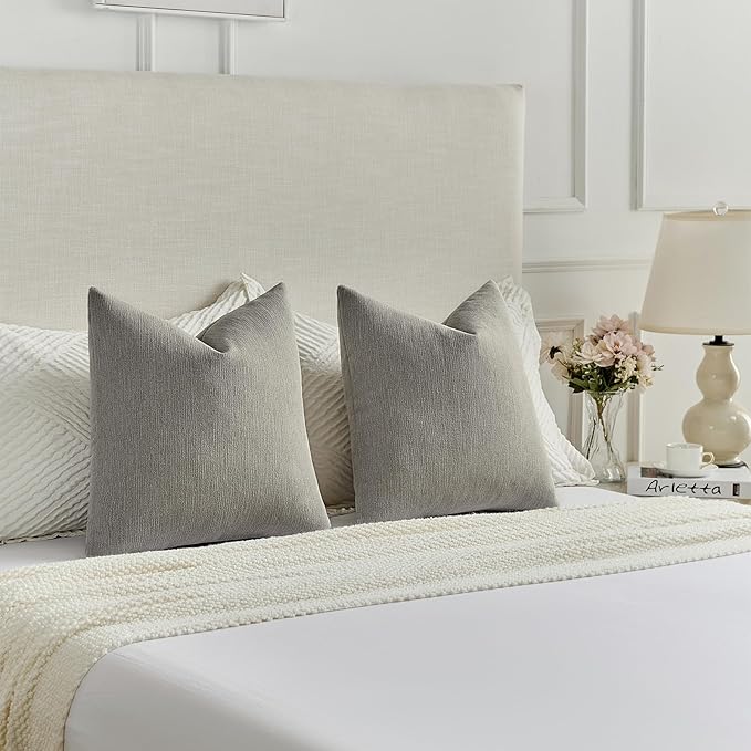 FUTEI Smoke Gray Chenille Decorative Throw Pillow Covers 22x22 Inch Set of 2,Soft Cozy Faux Linen Textured Cushion Case,Farmhouse Home Decor for Couch Living Room