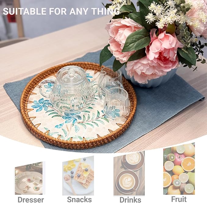 11.8 inch Round Rattan Serving Tray with Mother of Pearl Inlay Wicker Platter Coffee Tray for Coffee Table Decor Coastal Boho Kitchen Storage Display Decorative Basket Food Tray Handmade Wall Decor
