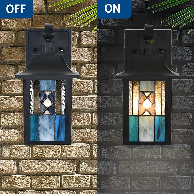 WL0011 Tiffany Style Outdoor Light Fixutres Stained Glass Wall Sconce Exterior Waterproof Wall Lantern Light Fixture for Balcony Aisle Hallway W 7X D 6 x H 12 Inches, Bulb Included (Aurix)
