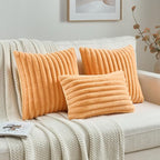 FUTEI Orange Striped Decorative Throw Pillow Covers 12x20 Inch Set of 2,Rectangle Winter Decorations Couch Lumbar Pillowcase,Soft Cozy Faux Rabbit Fur & Velvet Back,Modern Home Decor for Bed