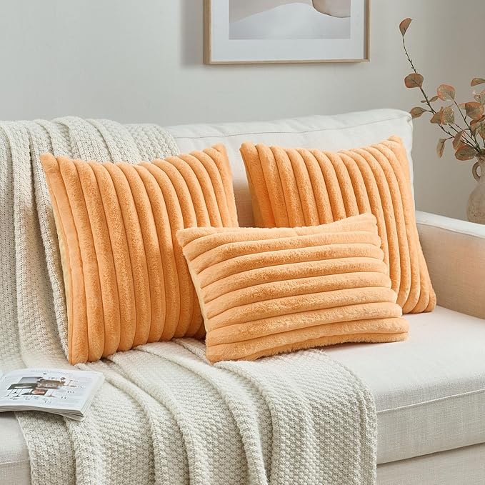 FUTEI Orange Striped Decorative Throw Pillow Covers 12x20 Inch Set of 2,Rectangle Winter Decorations Couch Lumbar Pillowcase,Soft Cozy Faux Rabbit Fur & Velvet Back,Modern Home Decor for Bed