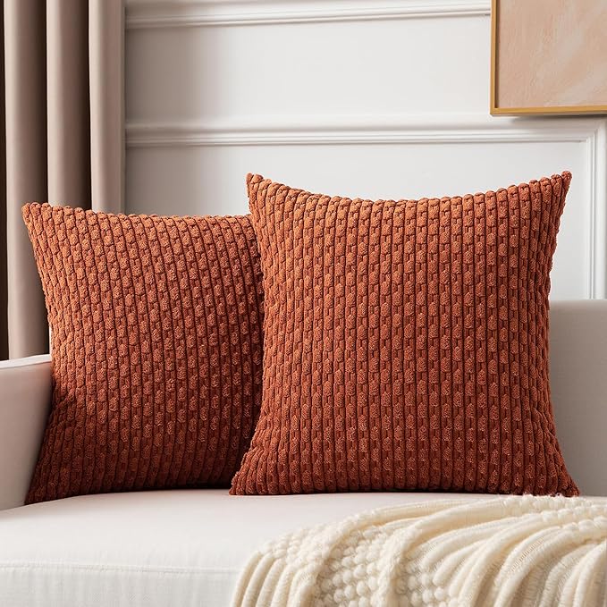 Kevin Textile Fall Corduroy Pillow Covers 26x26 Inch 2 Packs Soft Cozy Euro Pillows with Stripe Pattern Big Throw Pillowcases for Couch Sofa Bedroom Home Decor, Rust