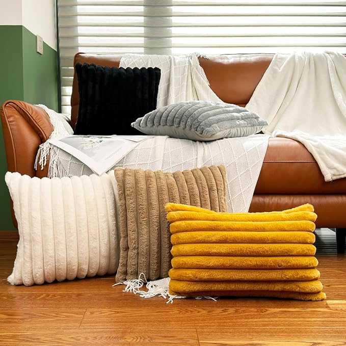 12x20 Throw Pillow Covers Set of 2, Decorative Faux Fur Covers for Bed, Couch Soft Fluffy Pillow Cover with Velvet Back for Living Room, Neutral Home Décor Accent for Sofa - Yolk Yellow