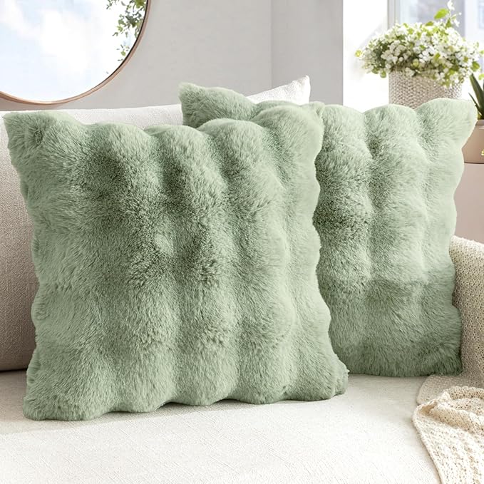 MIULEE Pack of 2 Decorative Pillow Covers Thick Soft Plush Faux Fur Throw Pillows Luxury Home Decor for Couch Bedroom Living Room Sofa,20x20 Inch Sage Green