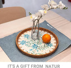11.8 inch Round Rattan Serving Tray with Mother of Pearl Inlay Wicker Platter Coffee Tray for Coffee Table Decor Coastal Boho Kitchen Storage Display Decorative Basket Food Tray Handmade Wall Decor