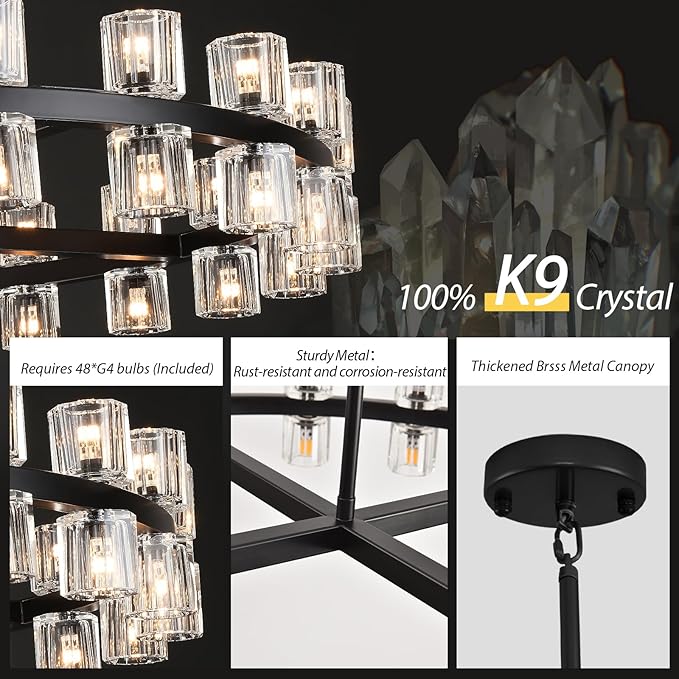 Modern 48 inch Black Round Chandeliers Light Fixture, Crystal Chandeliers for Dining Room, Living Room Chandelier, Wagon Wheel Chandelier Over Table, Suitable for Bedroom,Foyer,Includes Bulb