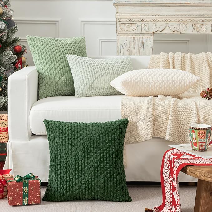 Kevin Textile 2 Packs Decorative Throw Pillow Covers 16x16 Inch for Living Room Couch Bed Sofa Spring Soft Striped Corduroy Square Cushion Case 40x40 cm Farmhouse Boho Home Decor Sage Green