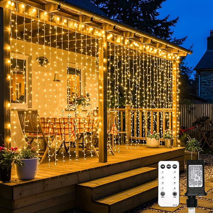 suddus 600 LED Christmas Curtain Lights Outdoor, 9.8x19.6ft Curtain Lights Plug in with Remote, Wall Hanging Lights for Christmas,Dorm,Wall,Window,Wedding,Party,Birthday Decor,Warm White