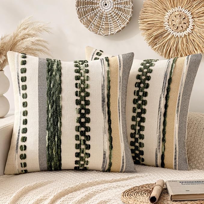 ANRODUO Pack of 2 Boho Decorative Throw Pillow Covers 18x18 Farmhouse Cushion Case Striped Chenille Pillow Cases Square Pillow Covers Accent Neutral Pillowcase for Sofa Couch Bed, Dark Green Stripe
