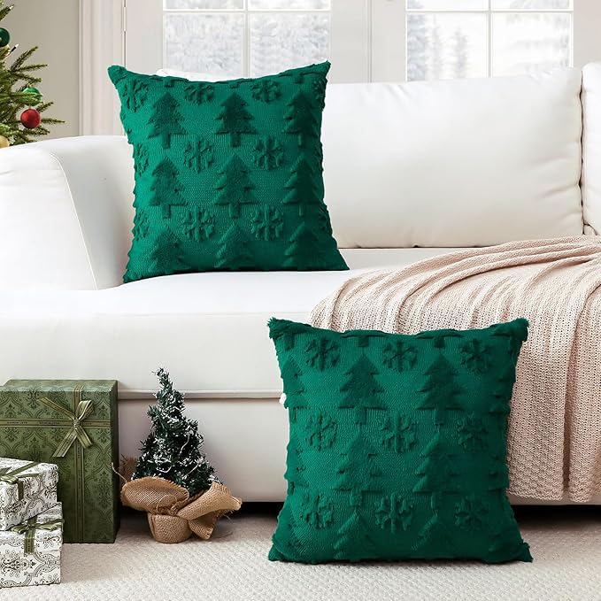 OTOSTAR Set of 2 Xmas Soft Plush Short Wool Velvet Decorative Throw Pillow Covers Square Luxury Style Cushion Case Pillow Shell for Sofa Bedroom Tree and Snowflake Green, 14x14 Inch