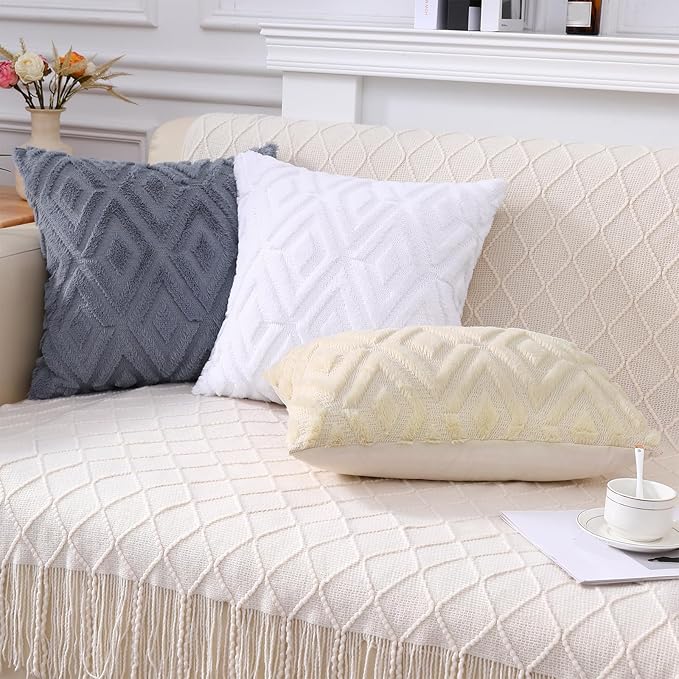 Pallene Pure White Throw Pillow Covers 26x26 Set of 2, Soft Plush Faux Fur Decorative Couch Pillow Covers for Sofa Bed Living Room Pillow Cases with 3D Diamond Pattern