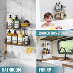 TAILI Shower Caddy Suction Cup 2 Pack with Hooks & Soap Holder, Heavy Duty Shower Organizer for Bathroom, No Drilling Bathroom Organizer with Large Capacity, Metal Storage Basket-Brown