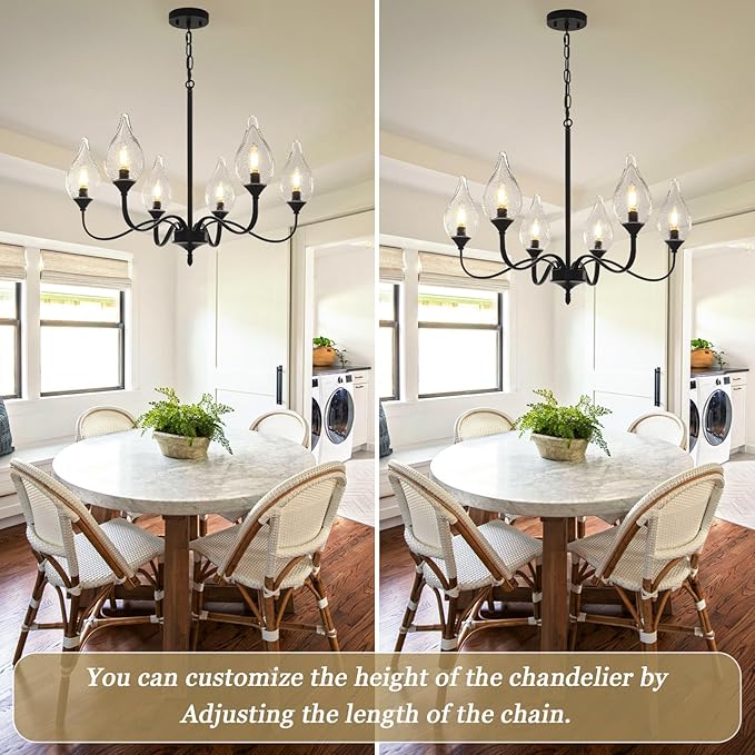 6-Light Farmhouse Black Chandelier 23.6 Inch - Rustic Industrial Iron Candle Hanging with Clear Glass Shades - Dining Room Lighting Fixture for Hallway, Living Room, Foyer, Bedroom,Kitchen Island
