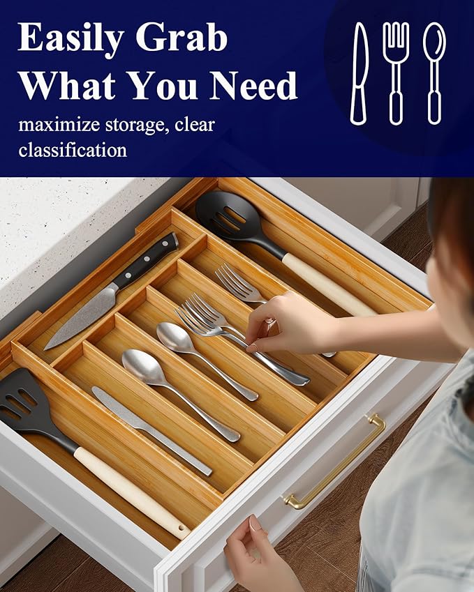 Kitsure Large Bamboo Silverware Organizer - Expandable Drawer Organizer for Utensil, Cutlery and Flatware, Kitchen Storage Solution with 6 to 8 Slots, Natural, 18.7" × 12.8" × 1.8"