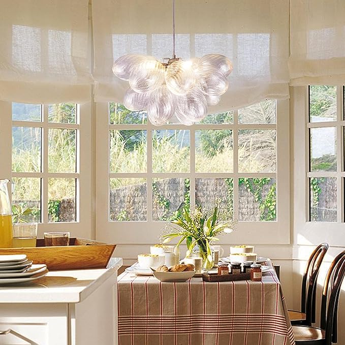 20 in. Bubble Ball Glass Chandelier Clear Swirled Ribbed Blown Glass Pendant Light Fixture for Bedroom Restaurant Dining Room Over Table