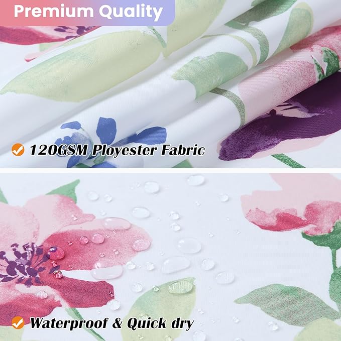 Watercolor Floral Shower Curtain, Green Pink Purple Blue Flower Shower Curtains for Bathroom, Modern White Waterproof Fabric Bath Curtains, 72" W x 72" H