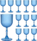 Plastic Wine Glasses 9oz Set of 12, Blue Ribbed Vintage Goblets Unbreakable Reusable BPA-Free Stemmed Drinking Glasses for Parties, Weddings & Events