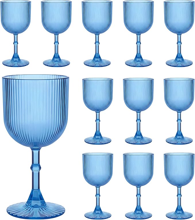 Plastic Wine Glasses 9oz Set of 12, Blue Ribbed Vintage Goblets Unbreakable Reusable BPA-Free Stemmed Drinking Glasses for Parties, Weddings & Events