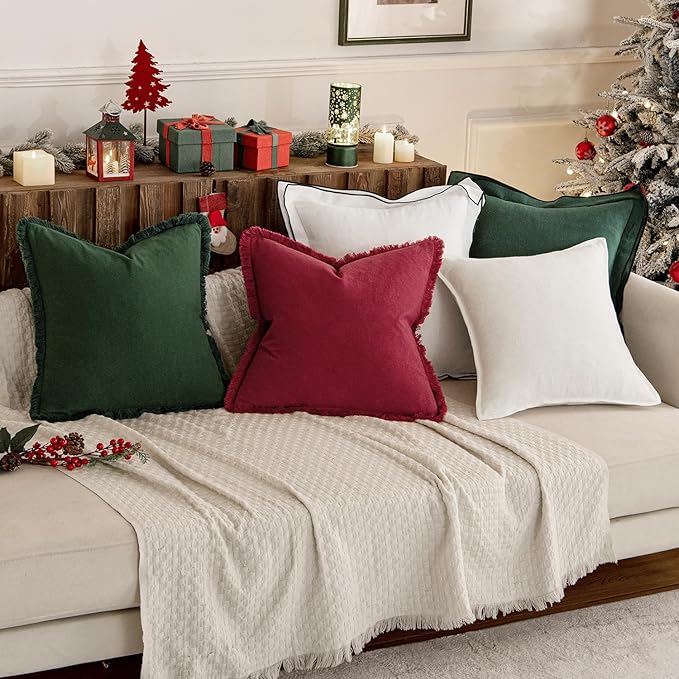 MIULEE Christmas Decorative Throw Pillow Covers Neutral Linen Fringe Throw Pillows Euro Shams Set of 2 Burgundy Boho Farmhouse Cushion Covers for Couch Sofa Bed Living Room Home Decor 22x22 Inch