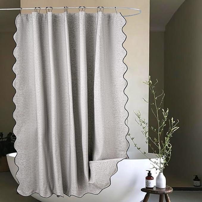 Grey Scalloped Edge Shower Curtain Linen Textured with 12 Metal Hooks Cute Heavy Duty Washable Waterproof Neutral Thick Extra Long Shower Curtain Sets for Hotel Bathroom 72x84 inches