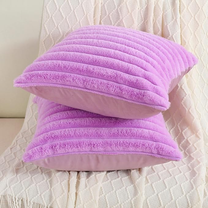 FUTEI Purple Striped Decorative Throw Pillow Covers 20x20 Inch Set of 2,Square Winter Decorations Couch Pillow Case,Soft Cozy Faux Rabbit Fur & Velvet Back,Modern Home Decor for Bed