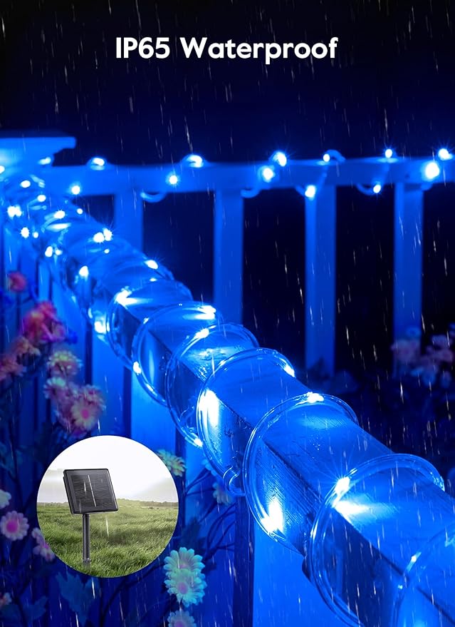 Brightown Solar String Lights Outdoor, 39FT 100 LED Rope Lights Solar Powered with 8 Lighting Modes, Waterproof Solar Patio Lights, Solar String Lights for Outside Tree Yard Halloween Decoration, Blue
