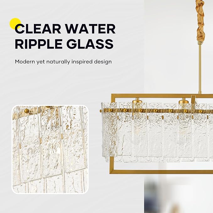 Modern Rectangle Gold Crystal Chandeliers for Dining Room, 6 Lights 44" Large Rectangular Water Ripple Glass Kitchen Island Light Fixture, Linear Farmhouse Pendant Light Fixture Over Table
