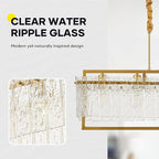 Modern Rectangle Gold Crystal Chandeliers for Dining Room, 6 Lights 44" Large Rectangular Water Ripple Glass Kitchen Island Light Fixture, Linear Farmhouse Pendant Light Fixture Over Table