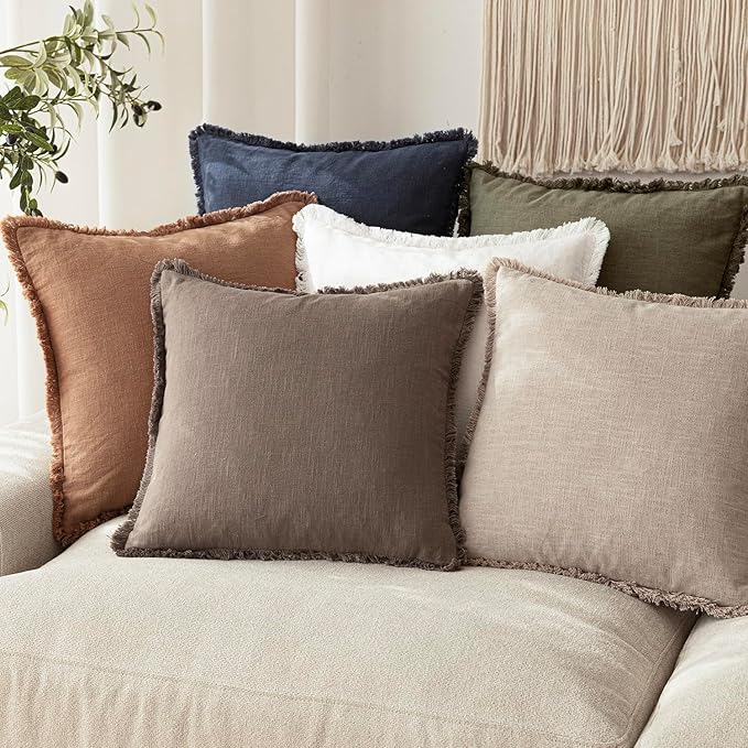 Foindtower Set of 2 Decorative Linen Fringe Throw Pillow Covers Cozy Farmhouse Cushion Cover with Tassels Accent Pillowcase for Couch Chair Sofa Bed Living Room Home Decor,18×18 Inch,Light Coffee