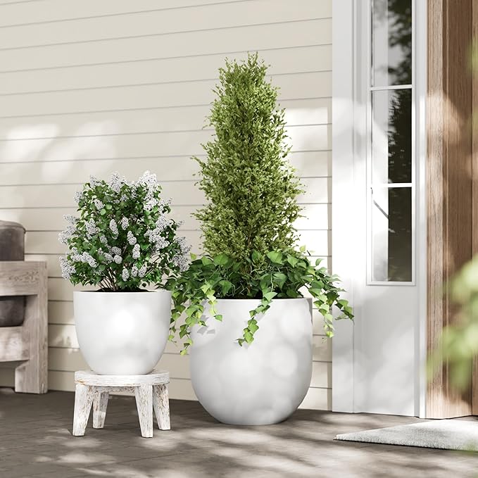 DTY Signature Mount Belford Lightweight and Durable Modern Fiberstone Egg Shaped Planter for Indoor Outdoor Drainage Hole & Rubber Plug Weather Resistant, 10" H x 12" Dia, 10" Opening - Small, White