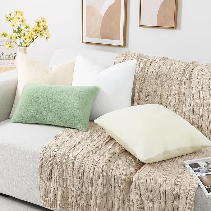 Pallene Faux Fur Plush Throw Pillow Covers 16x16 Set of 2, Soft Fluffy Couch Pillow Covers for Living Room, Sage Green