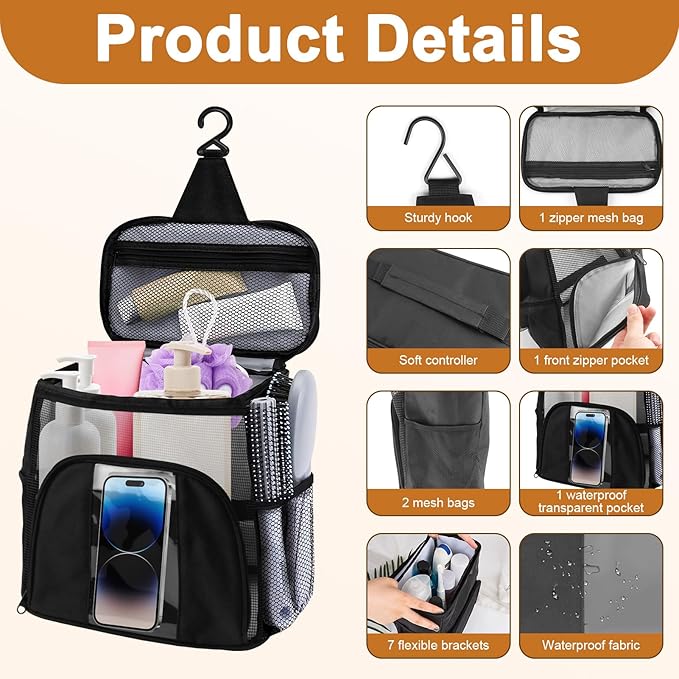 Travel Toiletry Bag with Mesh Shower Caddy, Dorm Room Essentials for College Students, Portable Hanging Large Makeup Organizer for Men and Women, Travel Accessories for Camping, Beach, Cruise, Gym