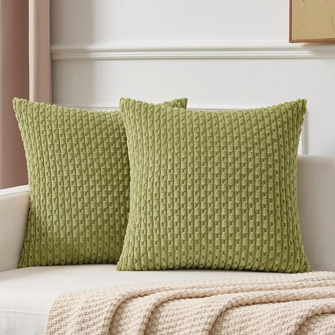 Kevin Textile Decorative Pillow Covers Set of 2 Striped Plush Corduroy Pillows Pillowcases Boho Home Decor Cushion Covers for Couch Sofa Bed Living Room 18x18 Inch, Grass Green