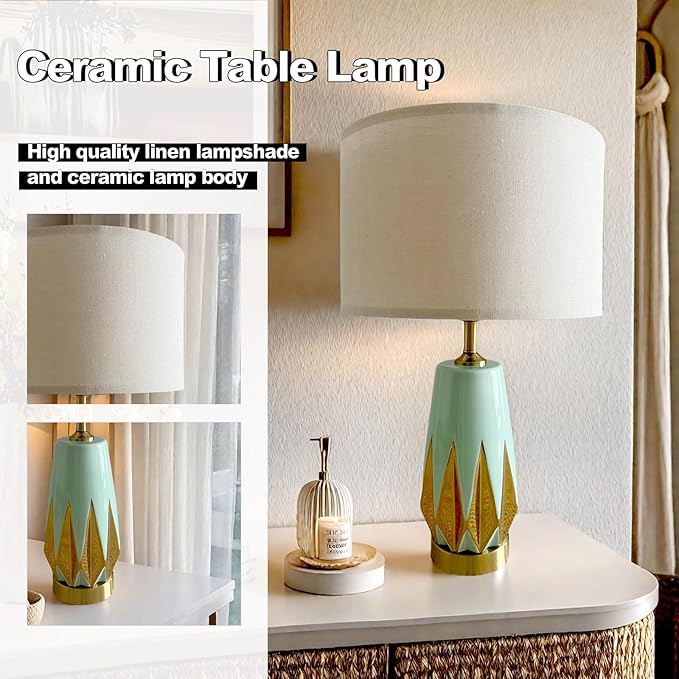 20" Modern Green Ceramic Table Lamp Set of 2 for Farmhouse, Living Room, Bedroom Nightstand, Coffee Table