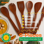 Riveira Premium Brown Bamboo Wooden Spoons for Cooking Set of 6 – Premium Brown Bamboo Wooden Cooking Utensils, Wooden Spatula, Wooden Spoon - Premium Quality Wooden Utensil Set for Non-Toxic Cooking